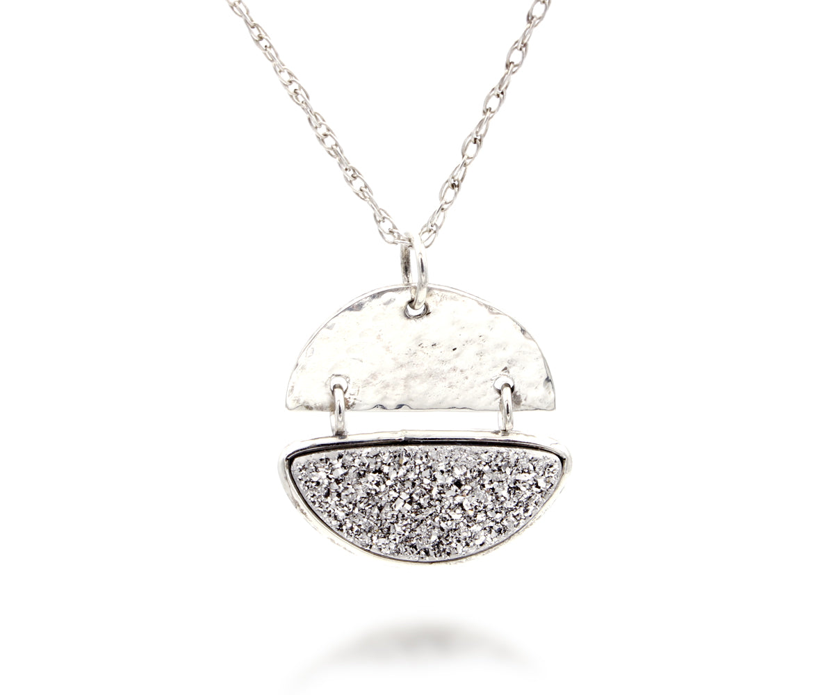 Half Moon Platinum Druzy Hammered Silver Necklace