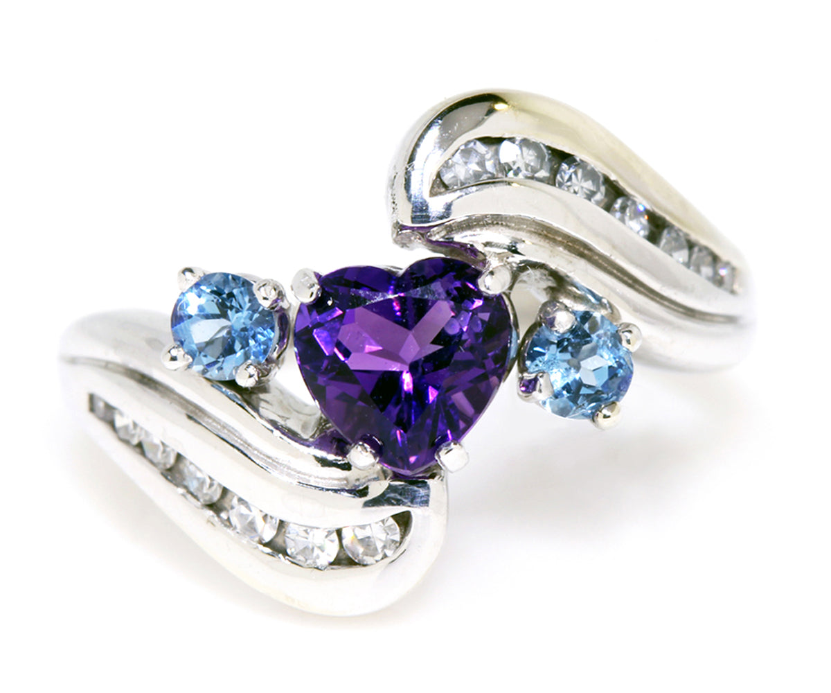 purple amethyst heart aquamarine diamond engagement ring