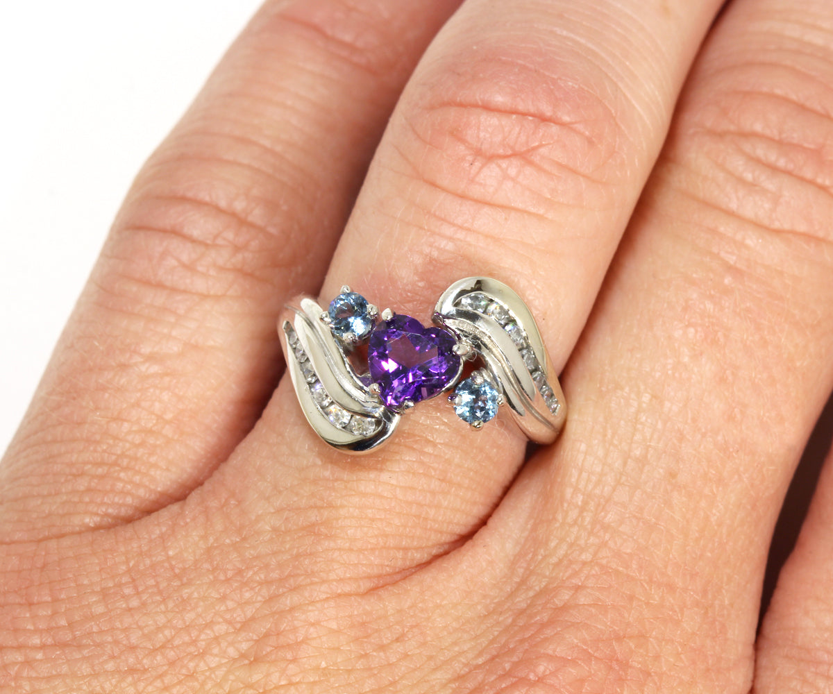 Heart Amethyst and Aquamarine Engagement Ring