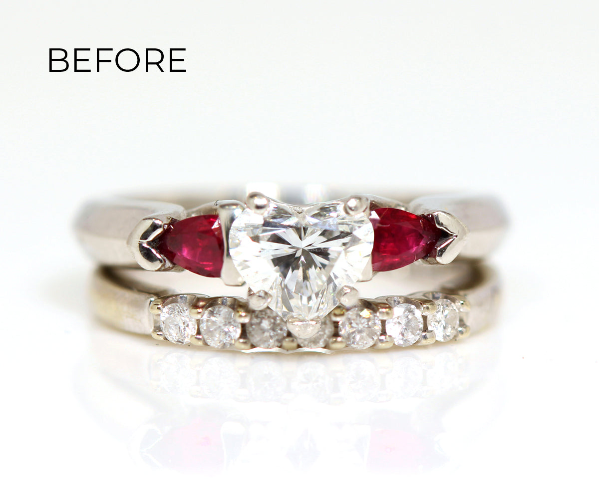 Anillo familiar con rubí y diamante en forma de corazón rediseñado