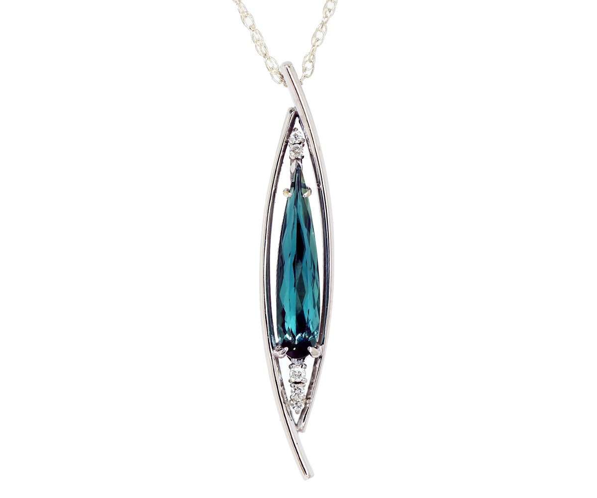 custom designed teal tourmaline teardrop diamond white gold necklace