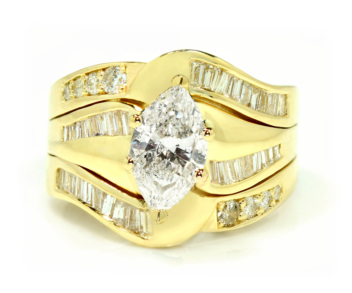 Marquise baguette diamond yellow gold curve twist wedding ring redesign