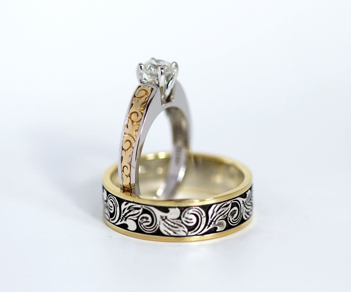 Vintage Engraved Two Tone Wedding Band