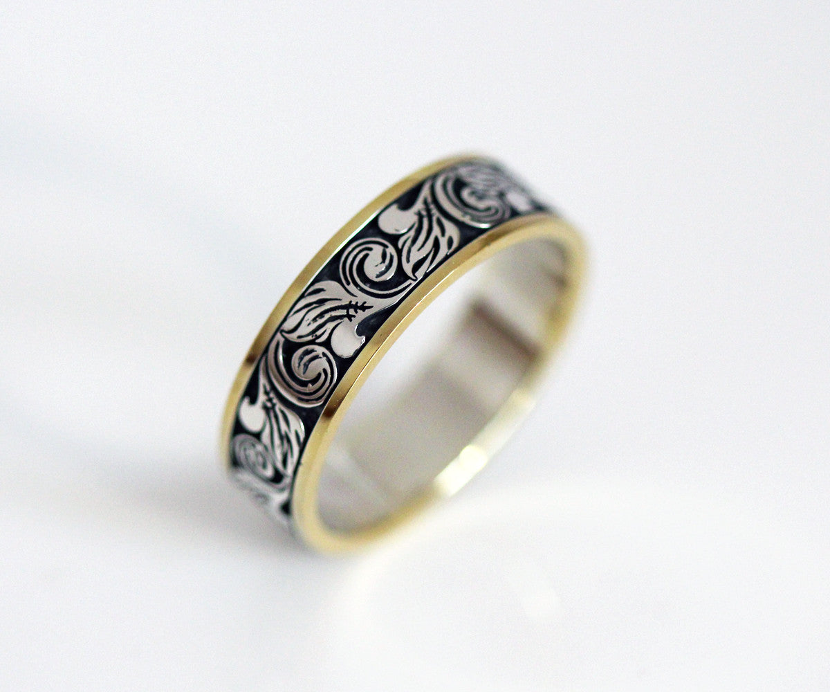 Vintage Engraved Two Tone Wedding Band