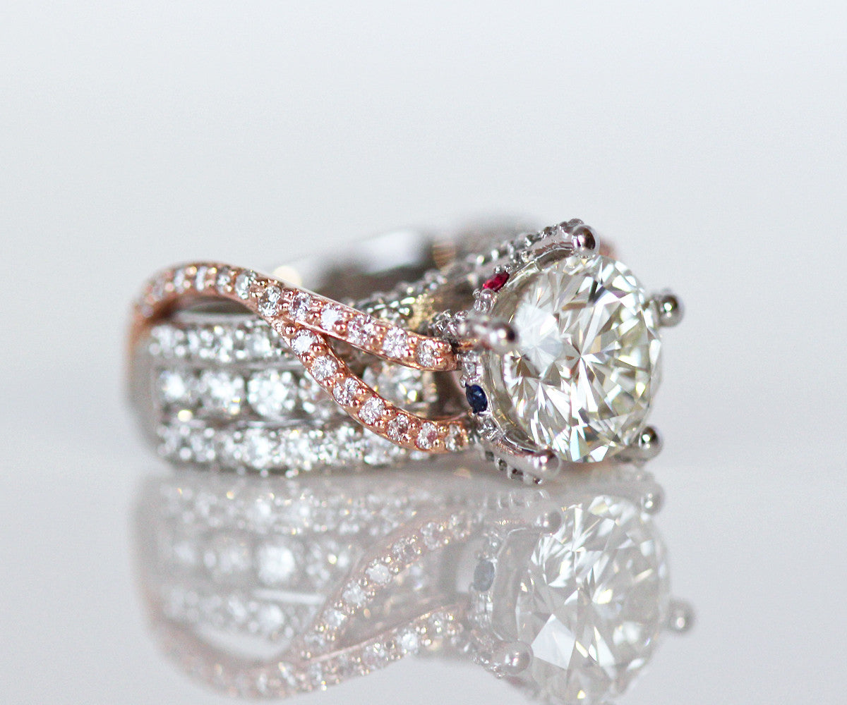 contemporary modern diamond pave twist pink gold wedding ring