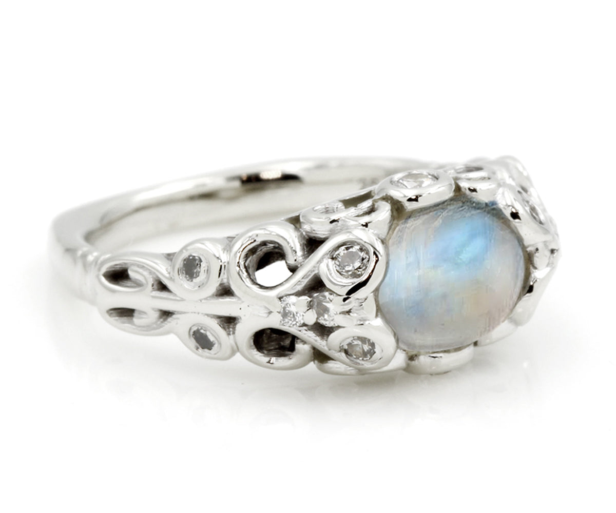 custom designed moonstone swirl bohemian diamond engagement ring