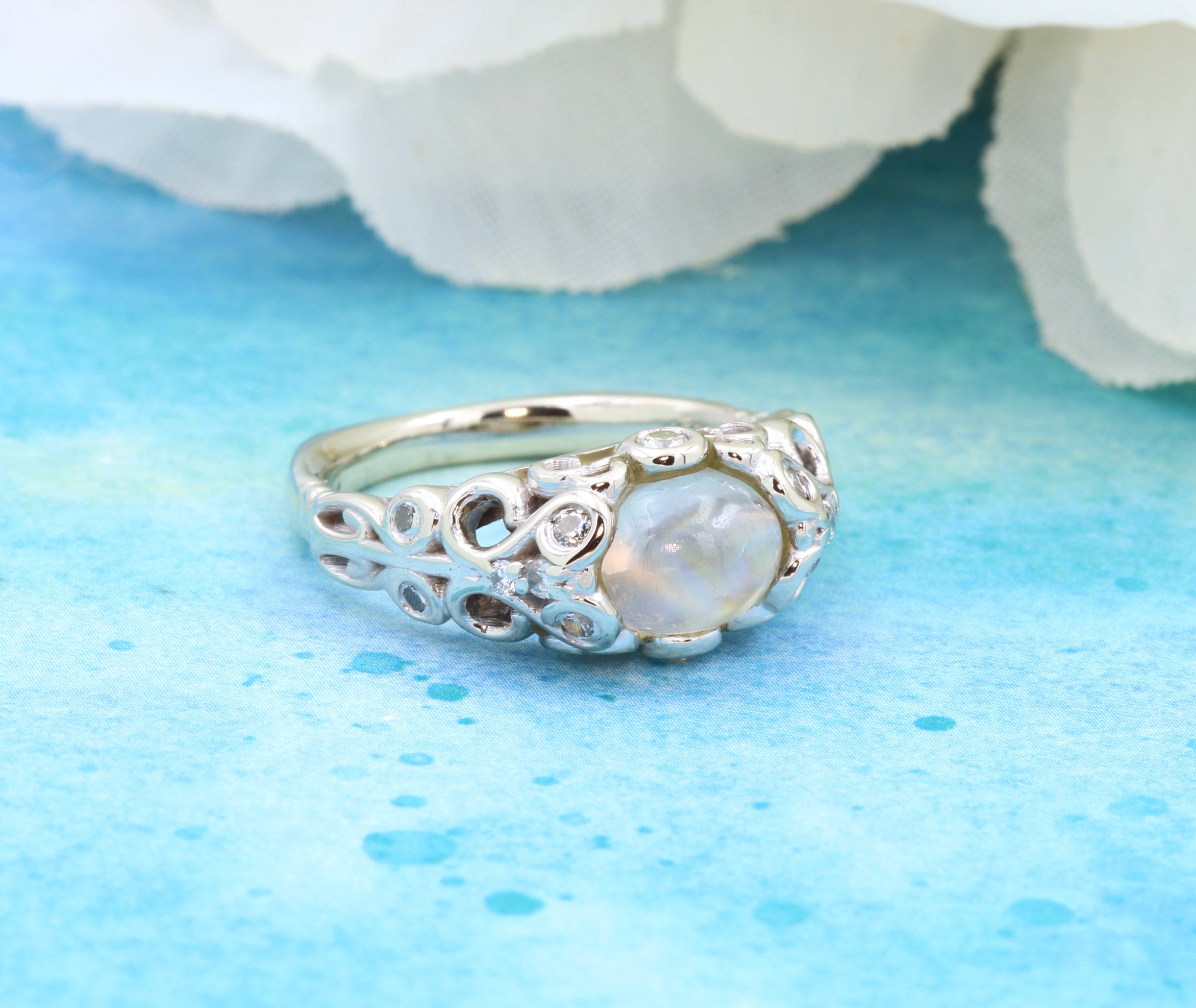 Intricate Vintage Swirl Moonstone Engagement Ring