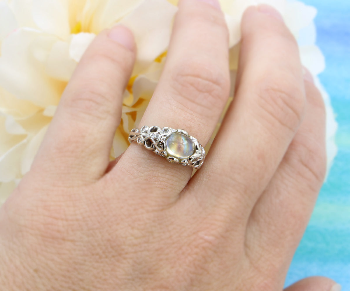 Intricate Vintage Swirl Moonstone Engagement Ring