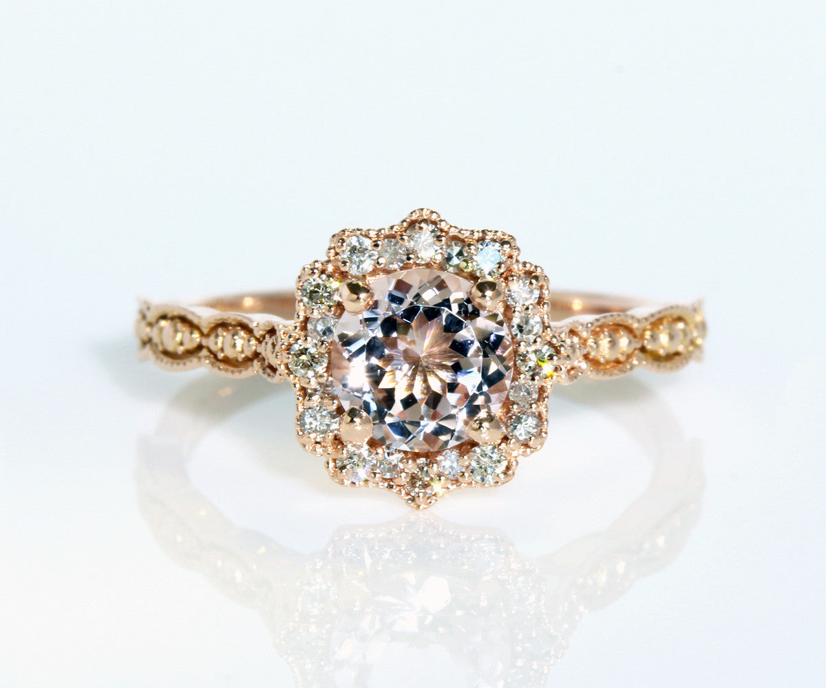 Vintage Morganite and Diamond Halo Engagement Ring