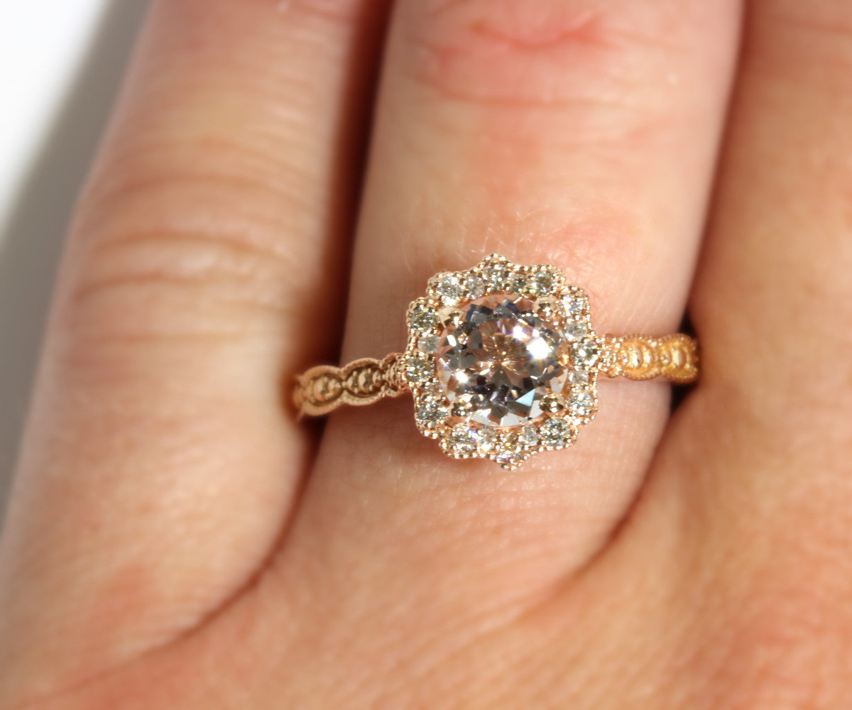 Vintage Morganite and Diamond Halo Engagement Ring