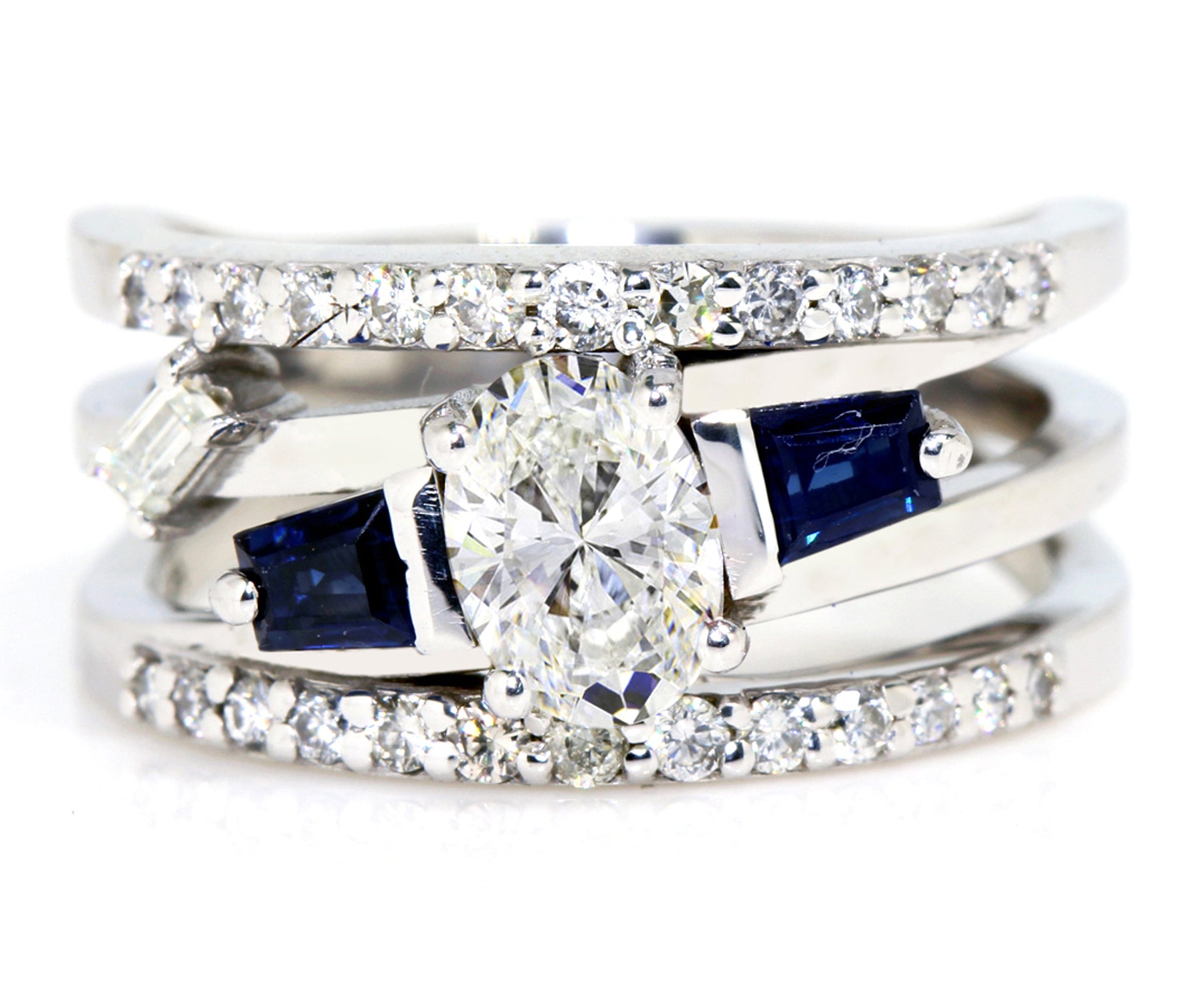 Ambrosia custom designed multirow negative space diamonds and blue sapphire wedding ring