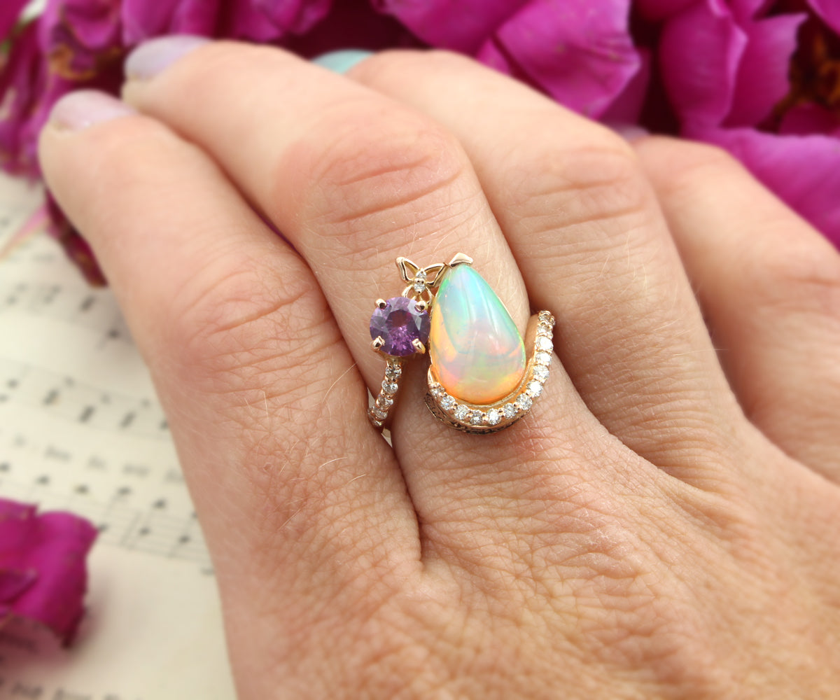 Opal Garnet Butterfly Diamond Rose Gold Ring