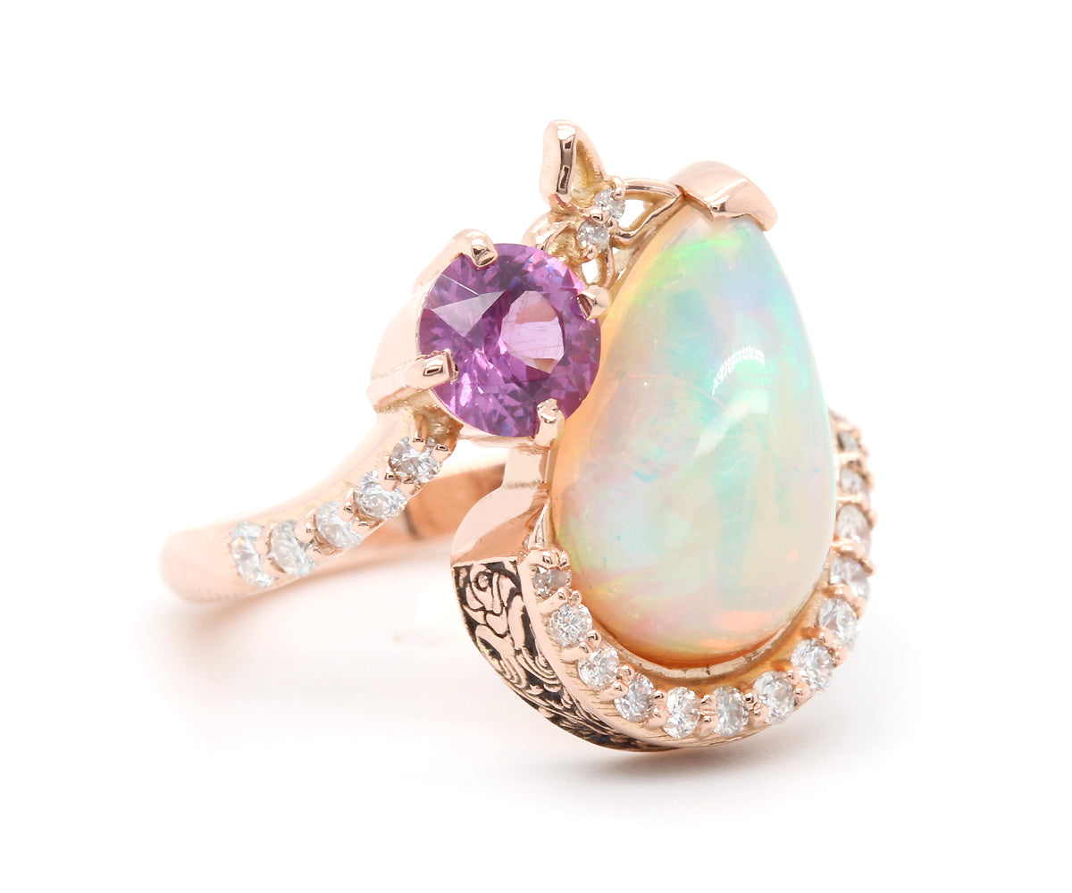 Opal Garnet Butterfly Diamond Rose Gold Ring