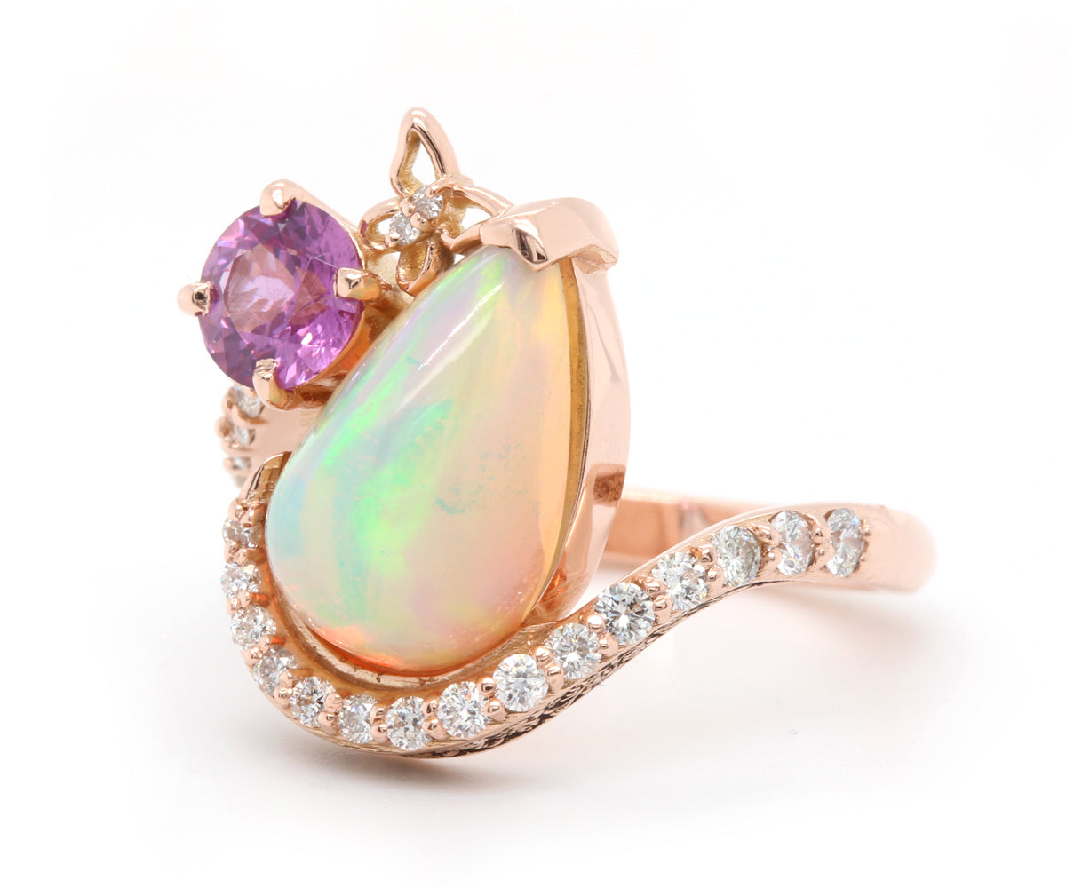 Opal Garnet Butterfly Diamond Rose Gold Ring
