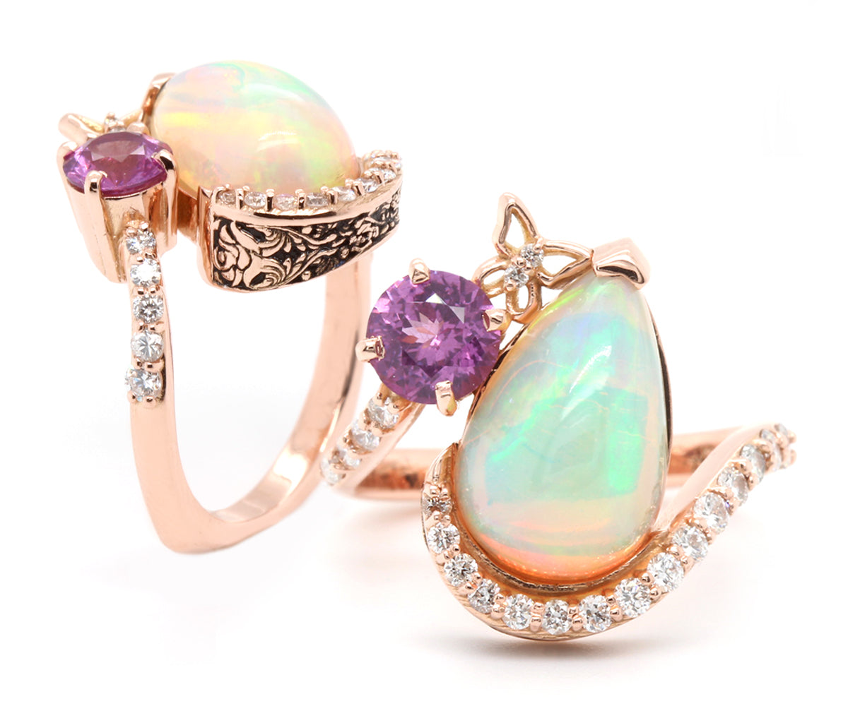 Opal Garnet Butterfly Diamond Rose Gold Bypass Halo Custom Ring