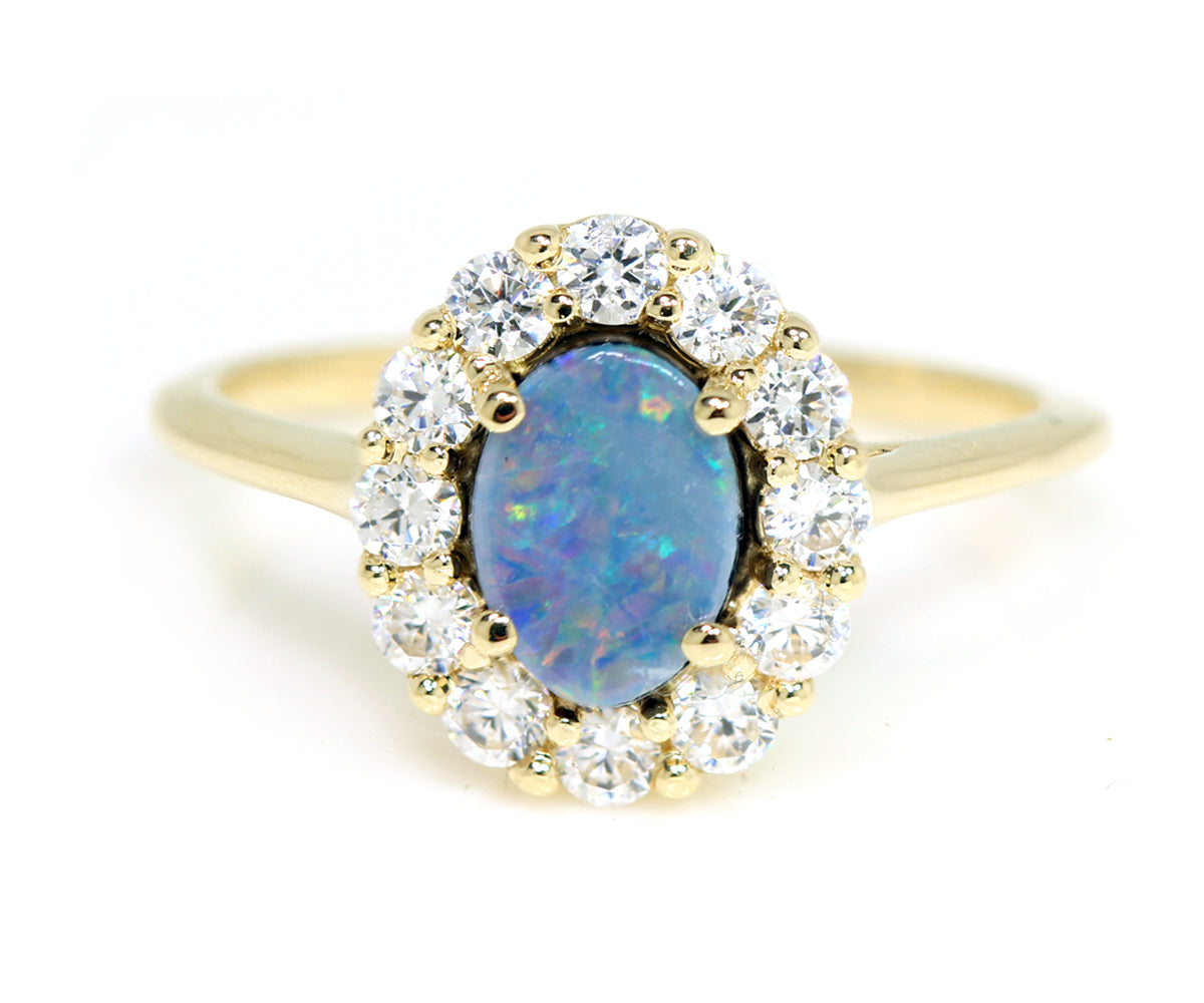 ambrosia custom blue opal halo diamond yellow gold ring