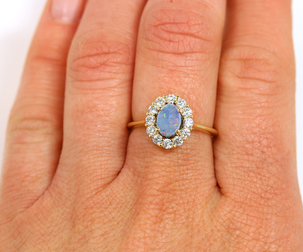 Simple Halo Opal Yellow Gold Ring