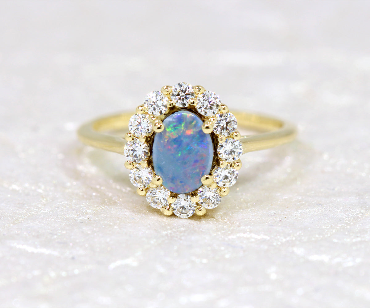 Simple Halo Opal Yellow Gold Ring