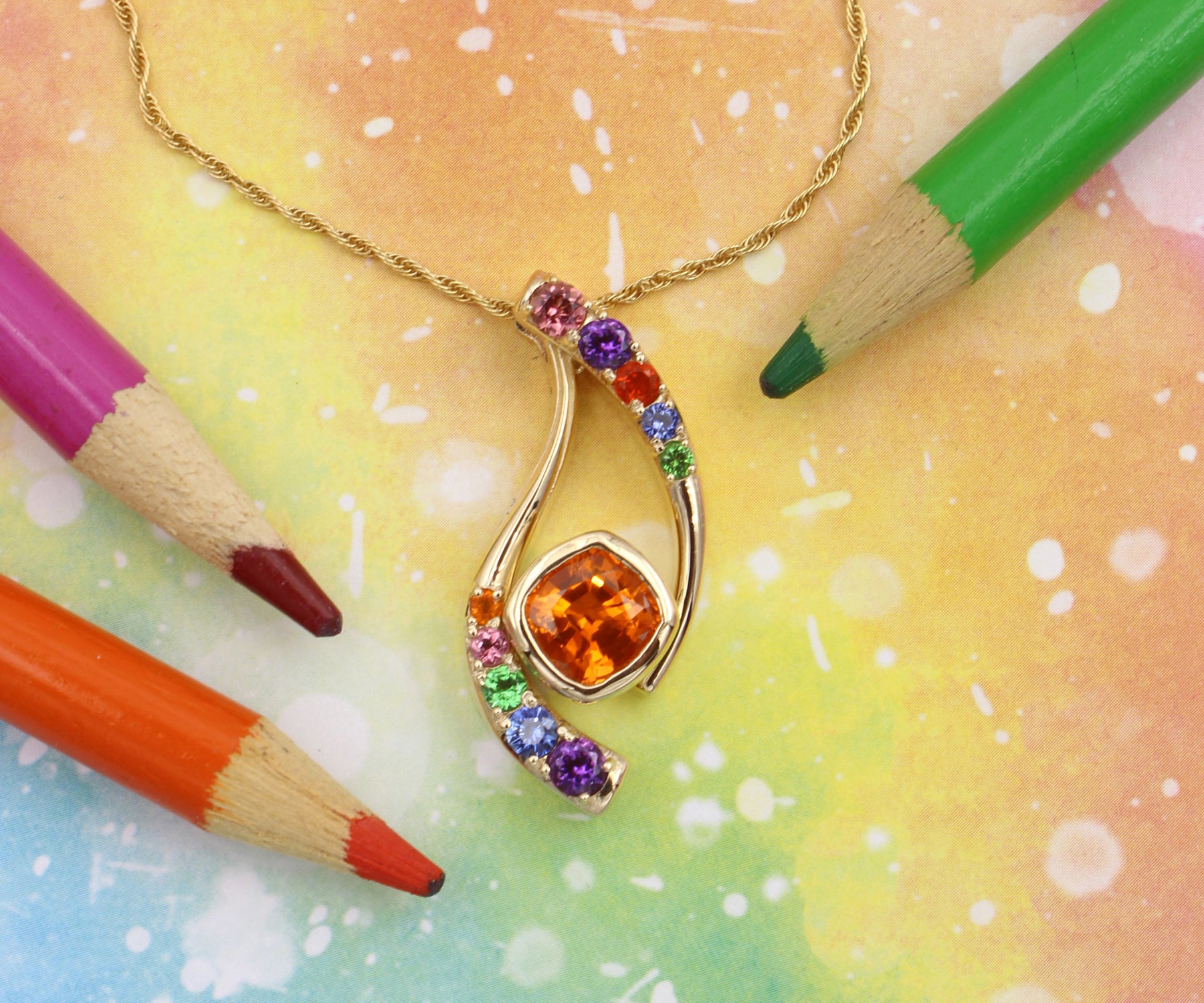Curved Rainbow Orange Sapphire Gold Necklace