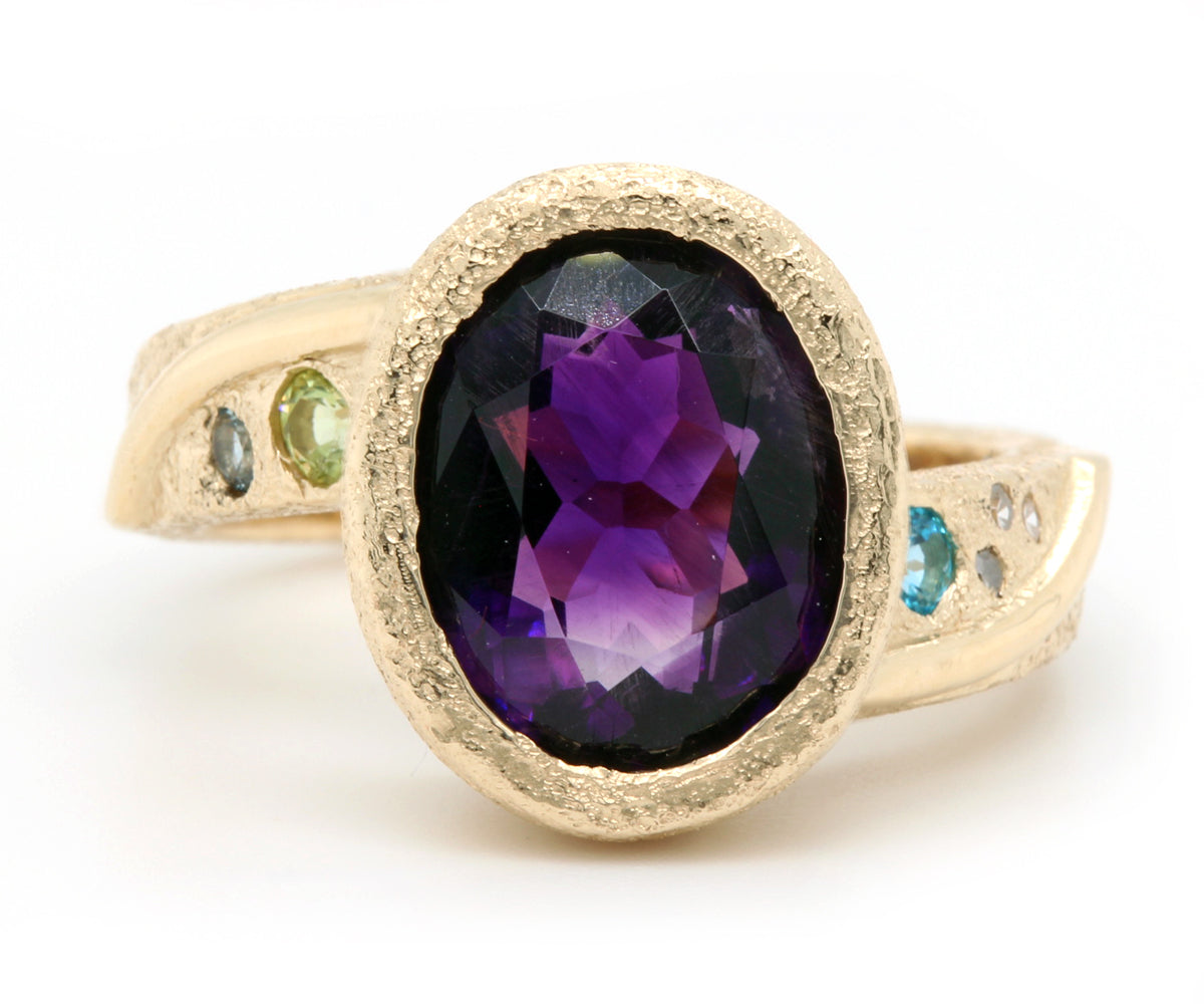 Hammered Bezel Amethyst Gold Ring
