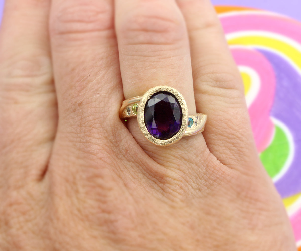 Hammered Bezel Amethyst Gold Ring