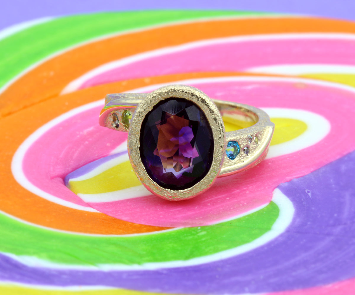 Hammered Bezel Amethyst Gold Ring