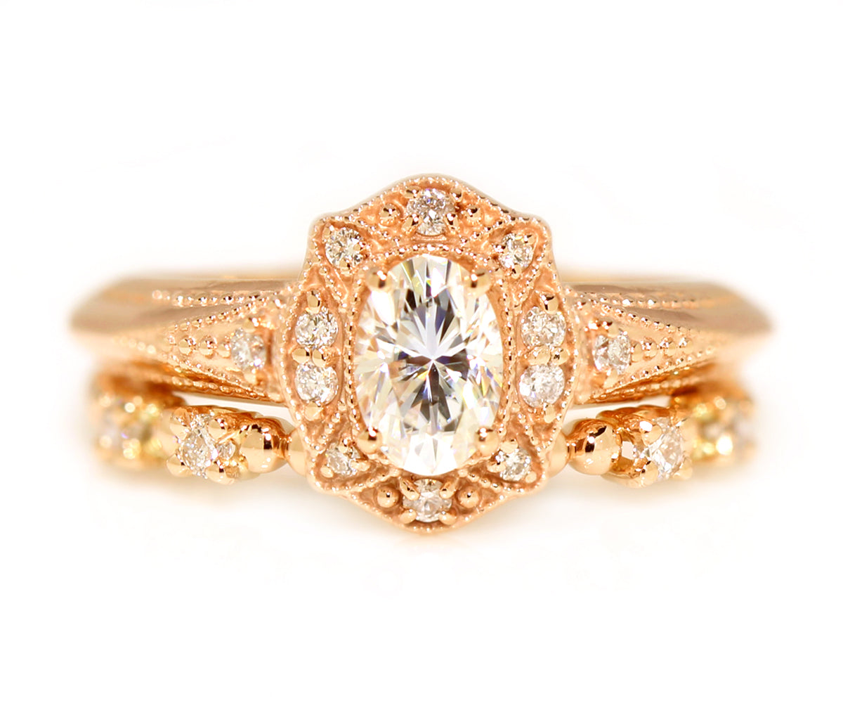 custom designed oval floral halo diamond rose gold engagement ring