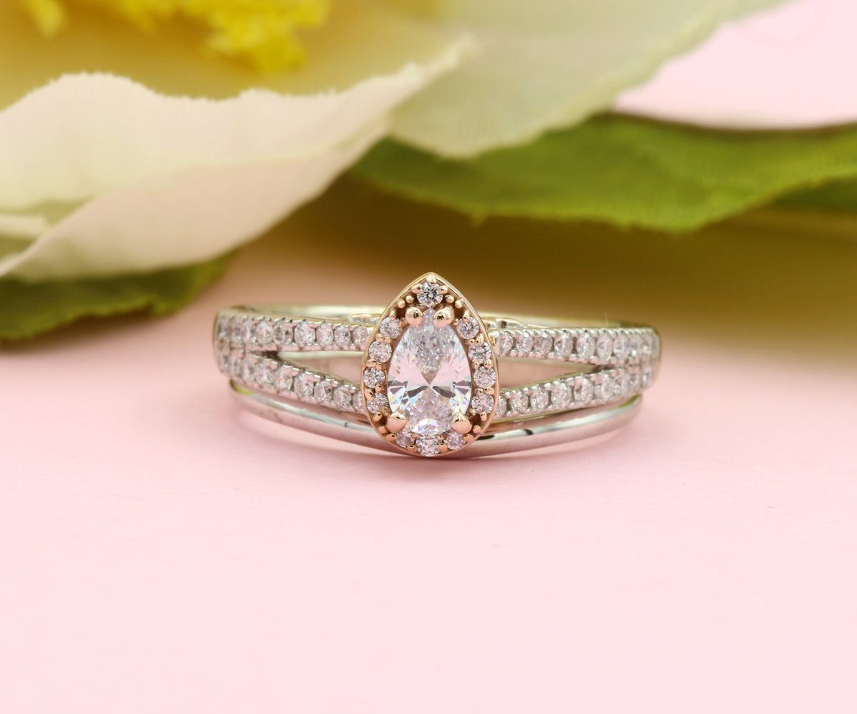 Rose Gold Pear Halo Split Diamond Engagement Ring