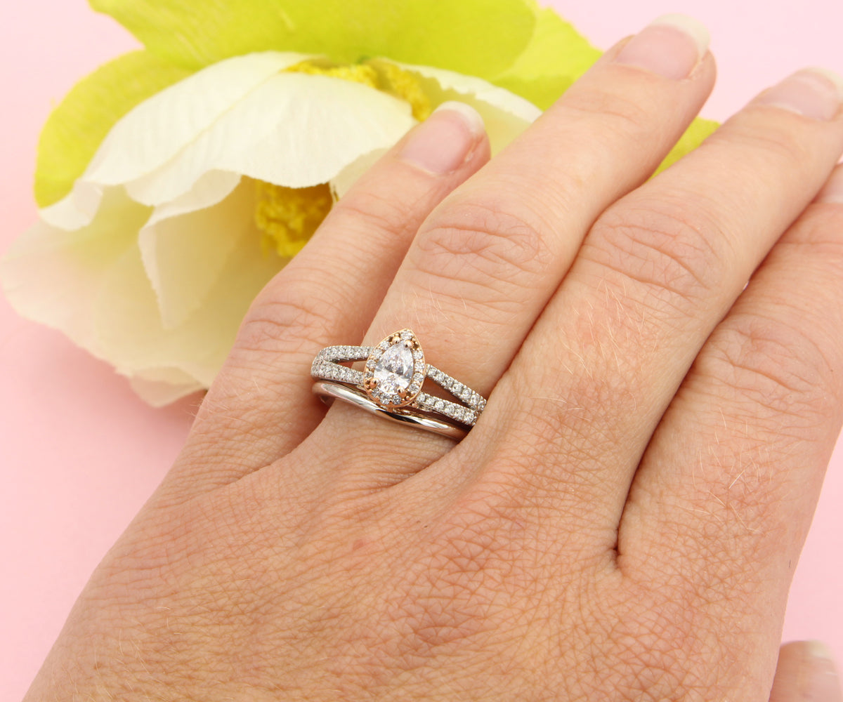 Rose Gold Pear Halo Split Diamond Engagement Ring