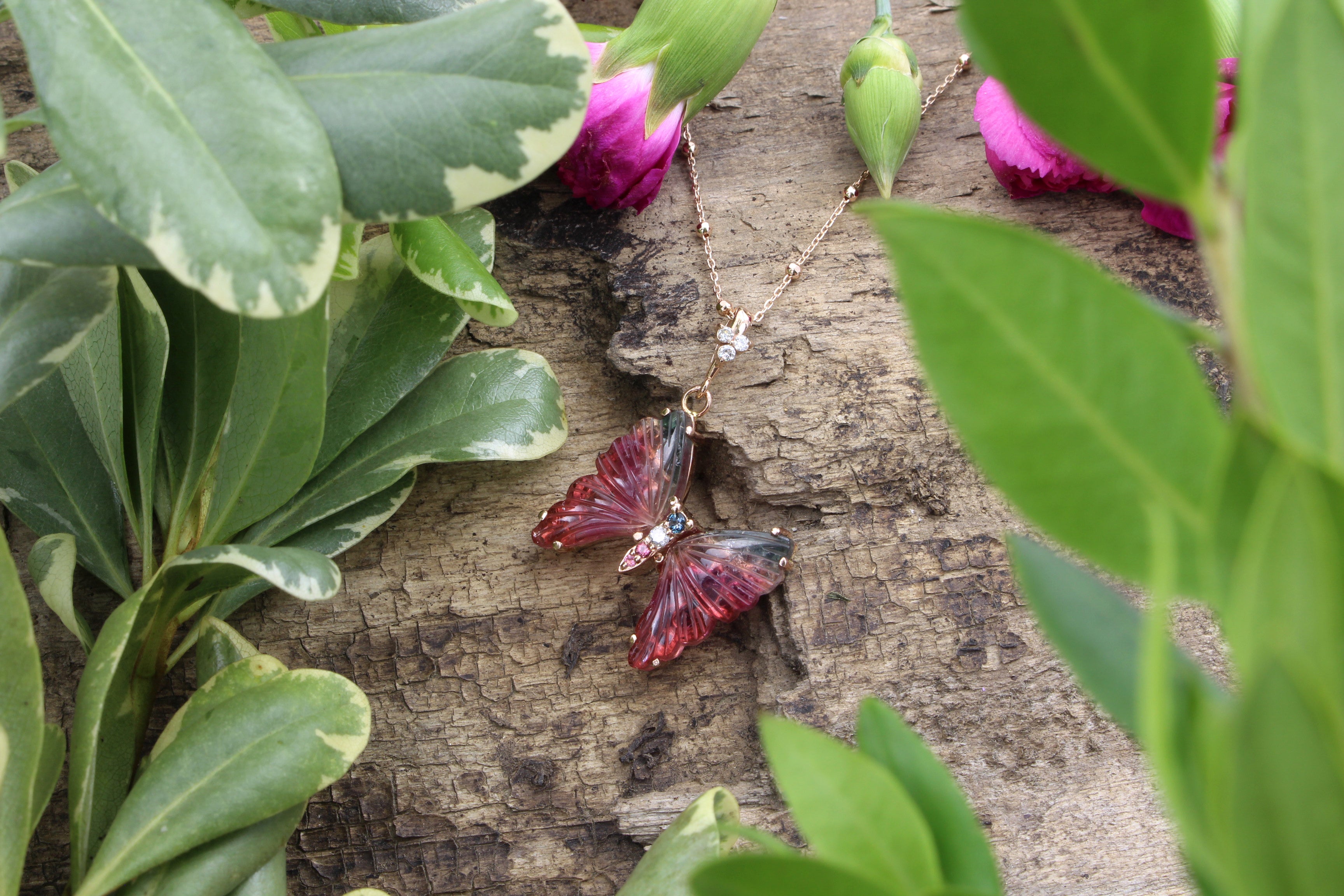 Colorful Pink and Teal Tourmaline Butterfly Necklace