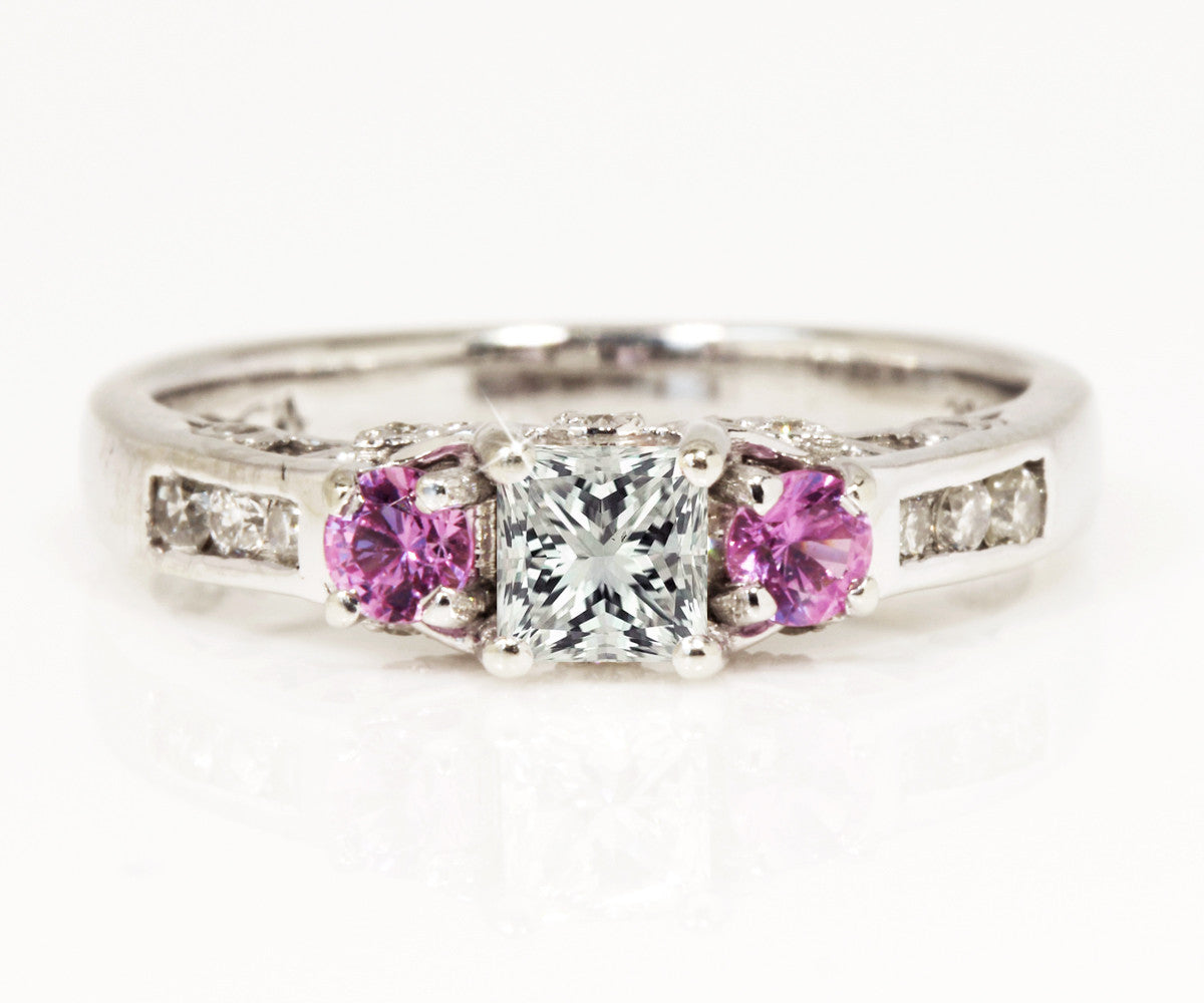 Princess cut diamond pink sapphire three stone engagement ring