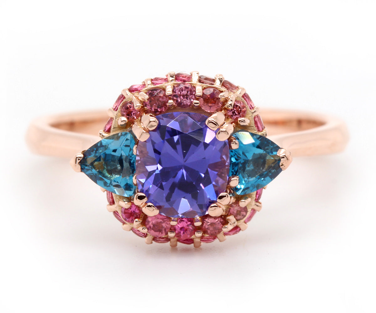 Natural Purple Sapphire Colorful pink tourmaline zirconHalo Ring