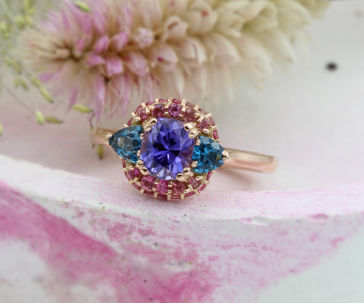Ambrosia custom designed Natural Purple Sapphire Colorful zircon pink tourmaline Halo Ring