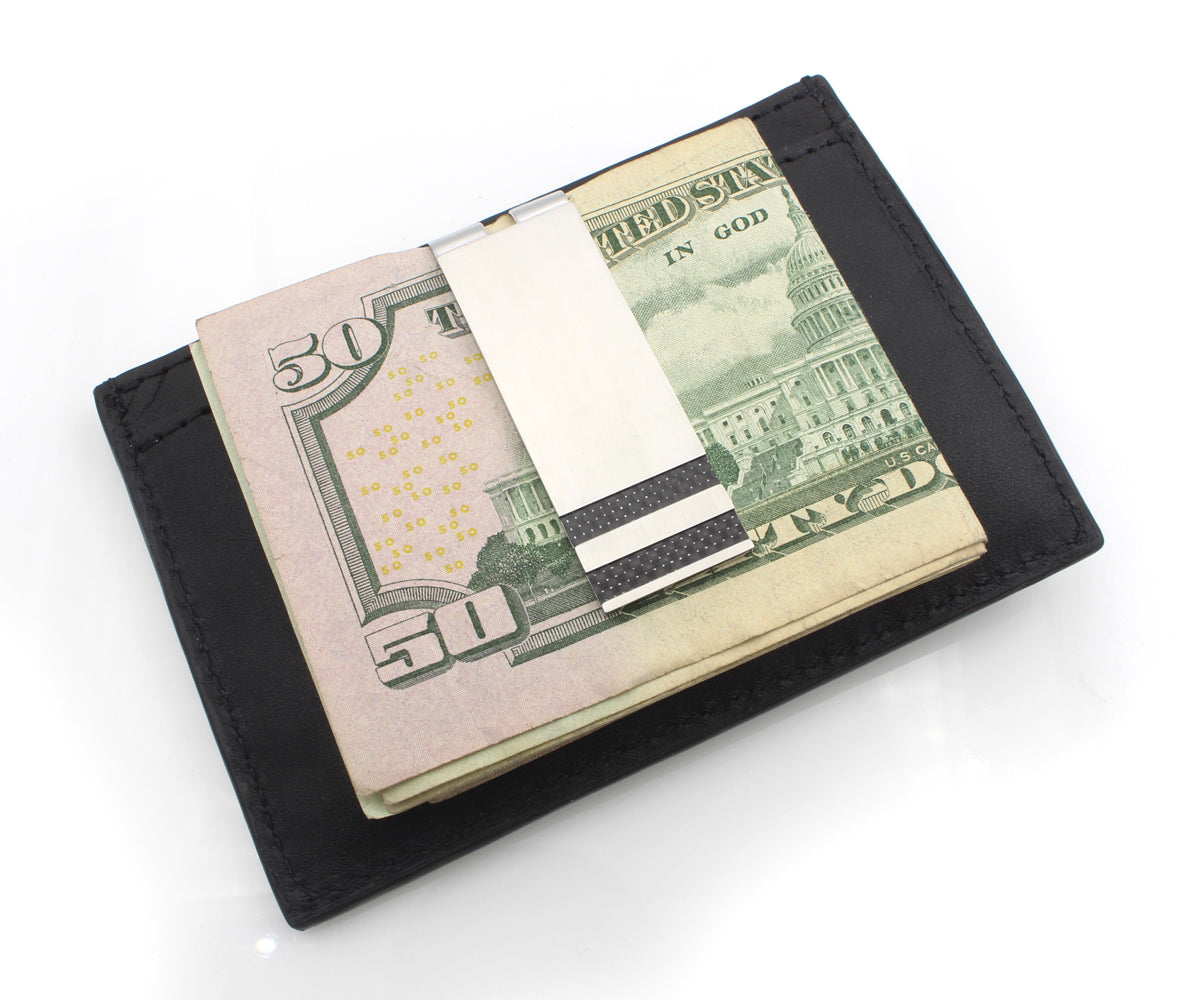 Clip para billetes de acero inoxidable con detalles de fibra de carbono