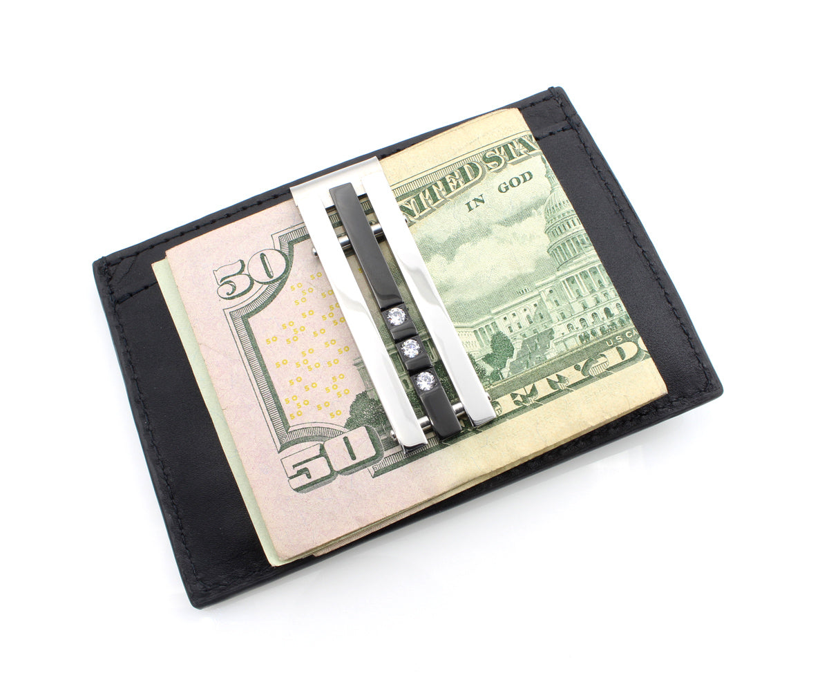 Elegante clip para billetes de acero inoxidable y circonita cúbica en color negro