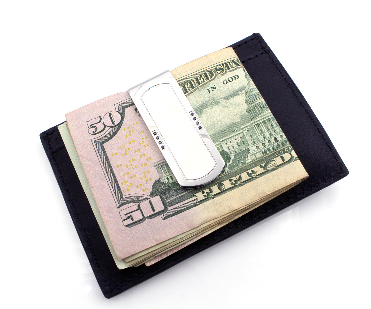 Clip para billetes de acero inoxidable con detalles en circonita cúbica negra