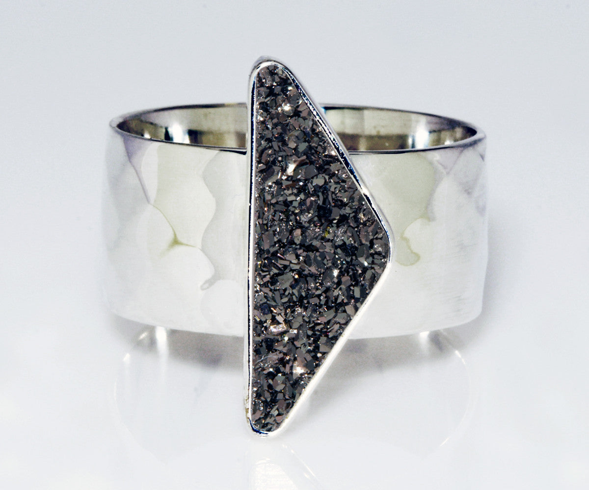 Triangle Black Druzy Wide Diamond-Cut Ring