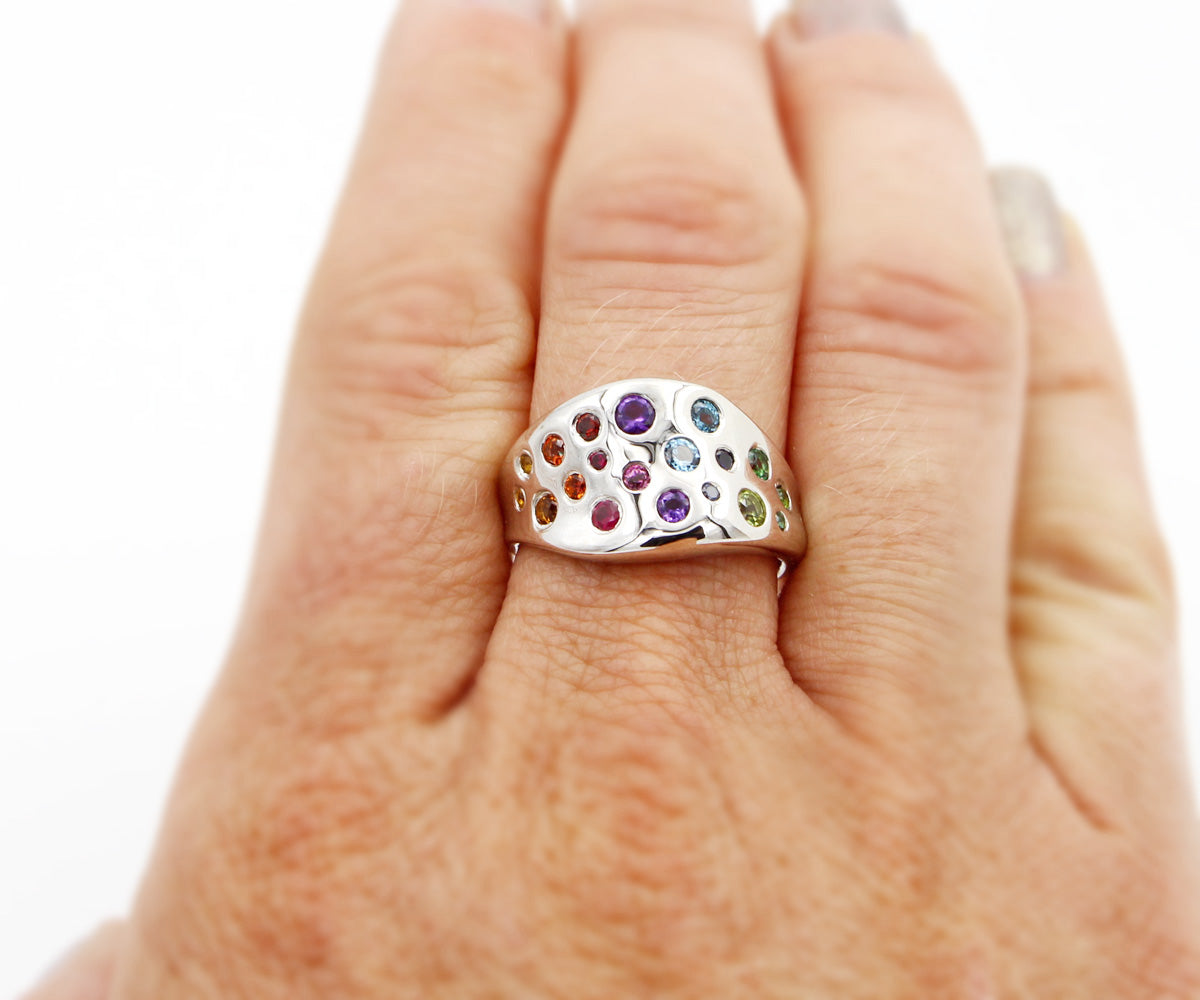 Rainbow Gemstone Wavy Concave Statement Ring