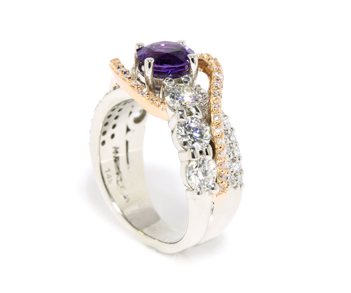 Amethyst Diamond Swirl Rose Gold Ring
