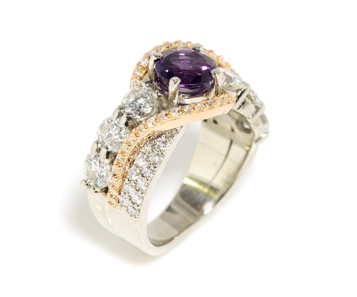 Amethyst Diamond Swirl Rose Gold Ring