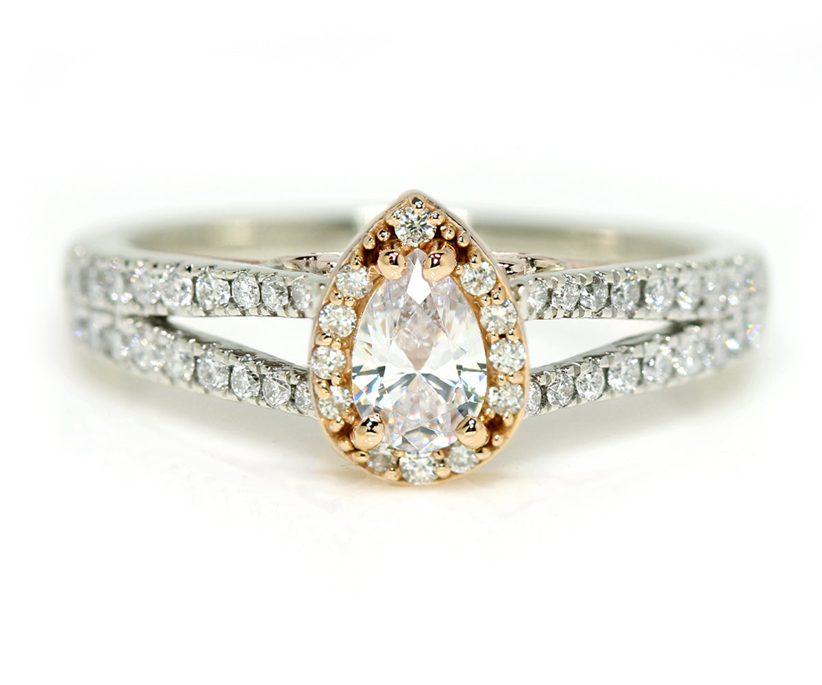 Ambrosia jewelry two tone rose gold pear halo split shank diamond engagement ring