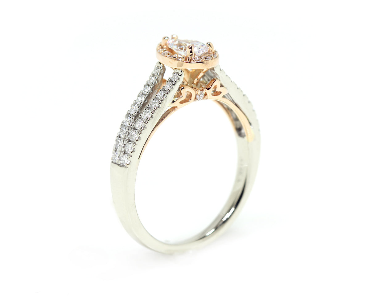 Rose Gold Pear Halo Split Diamond Engagement Ring