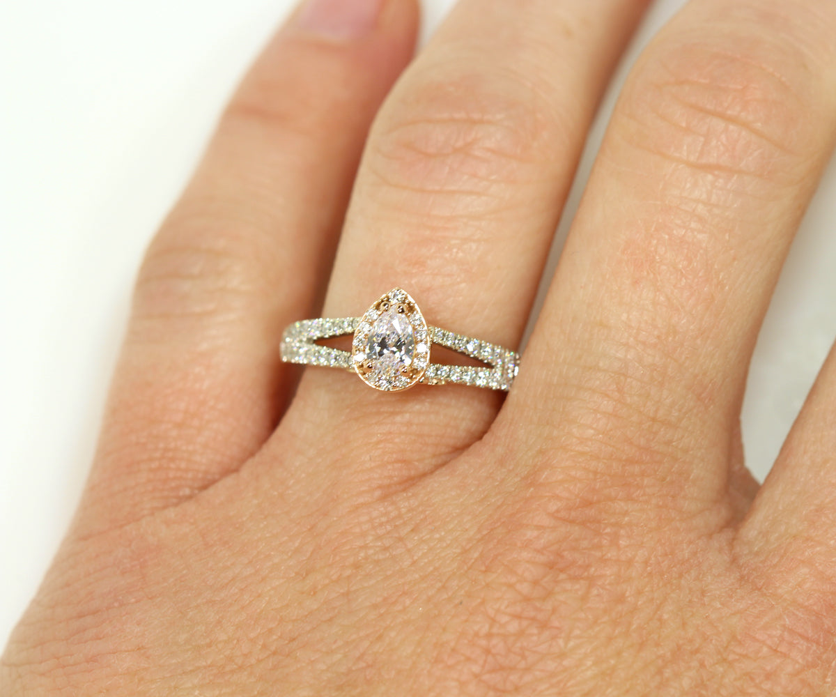 Rose Gold Pear Halo Split Diamond Engagement Ring
