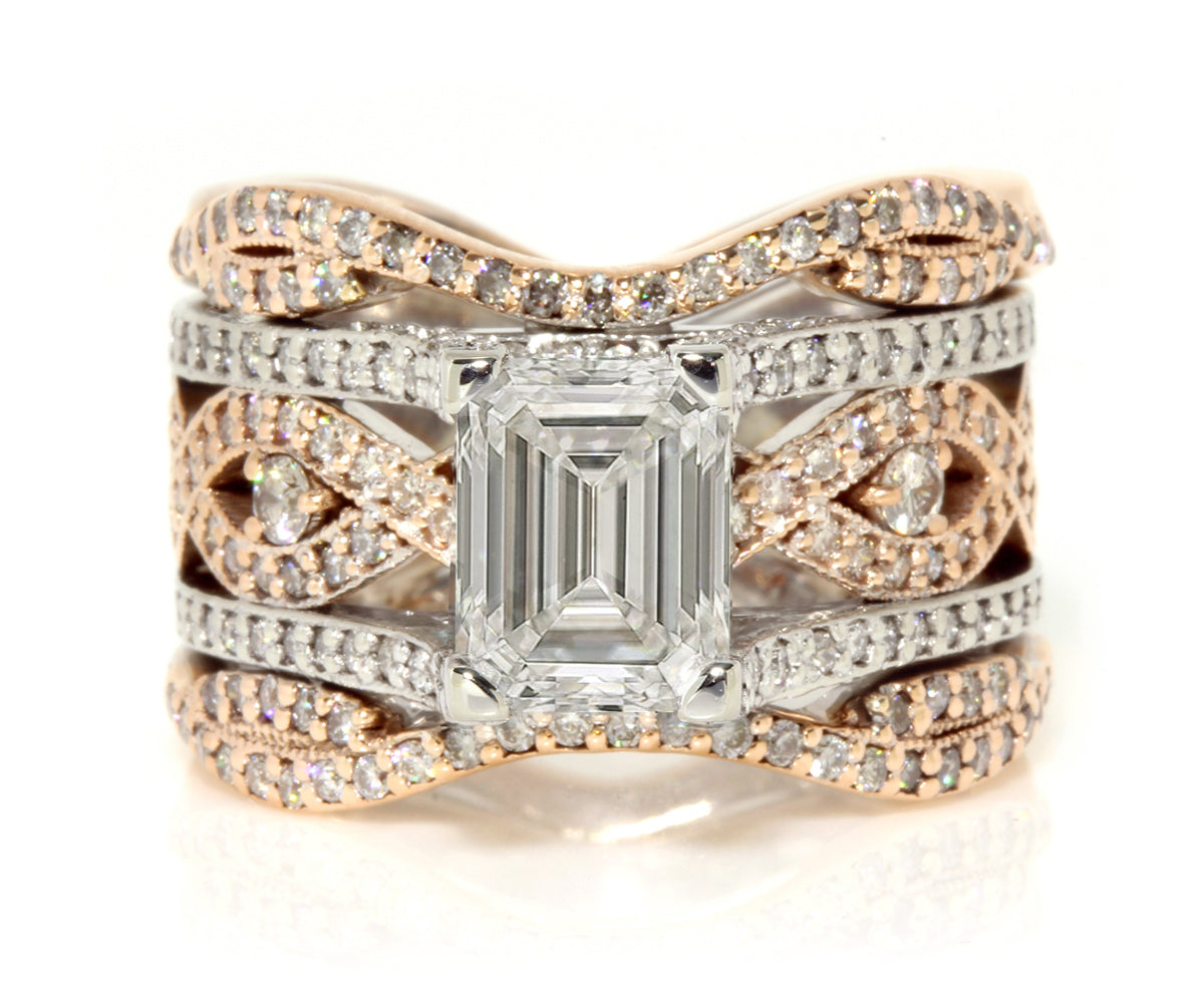 two tone rose gold and white gold twist wide emerald diamond wedding ring