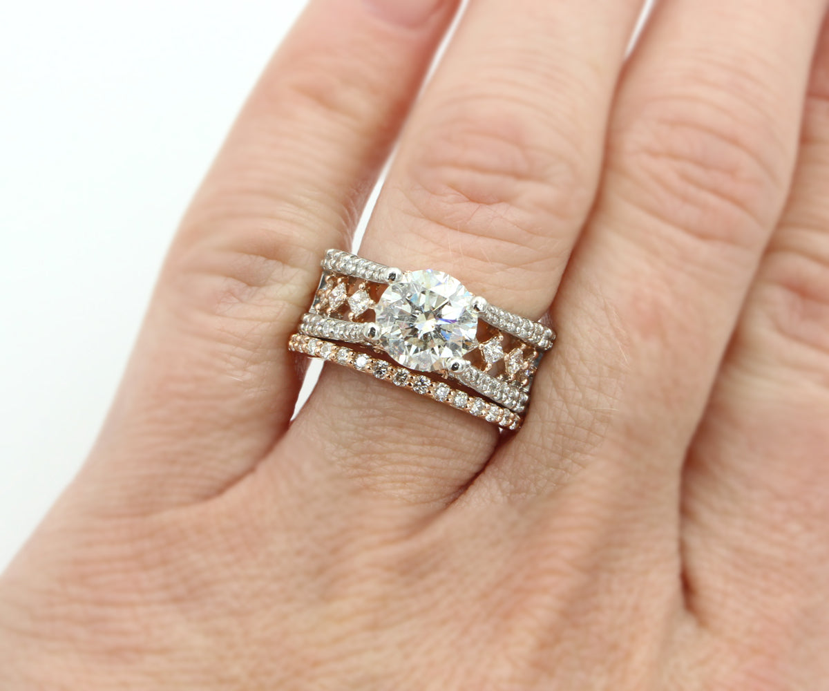 two tone rose and white gold cathedral diamond engagement ring