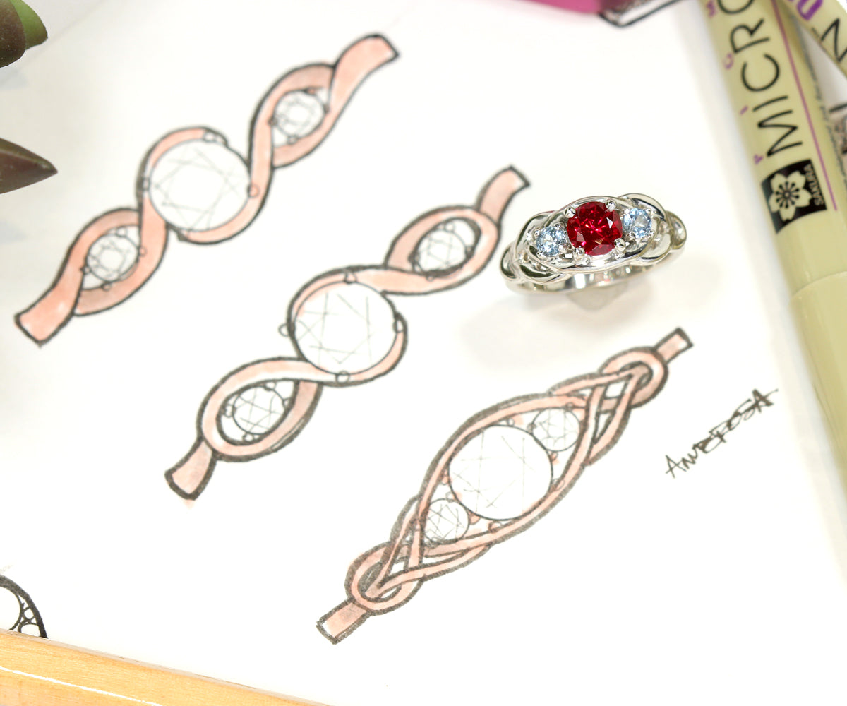 Ruby Aquamarine Weave Celtic Platinum Ring