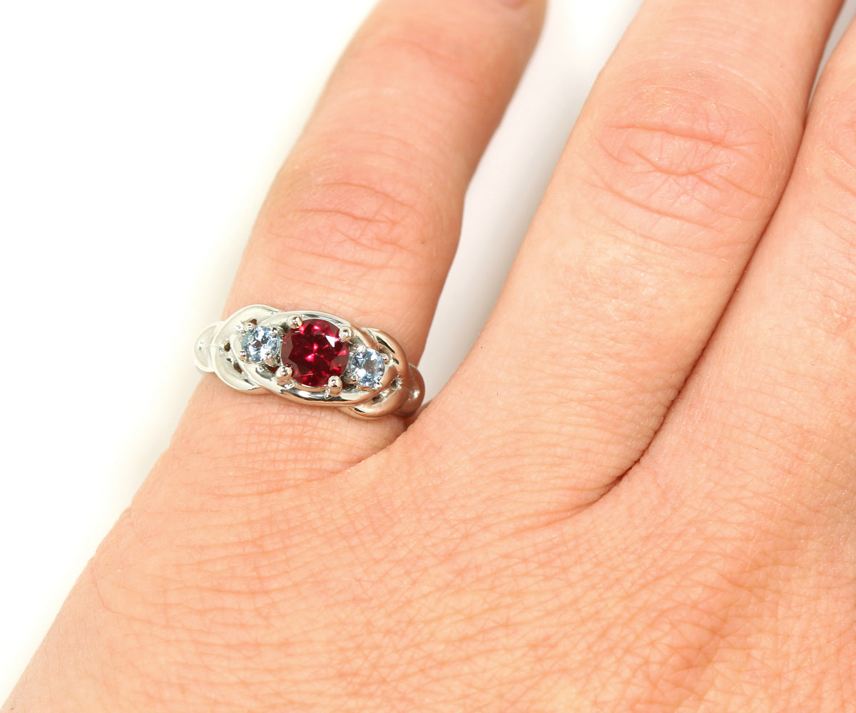 Ruby Aquamarine Weave Celtic Platinum Ring