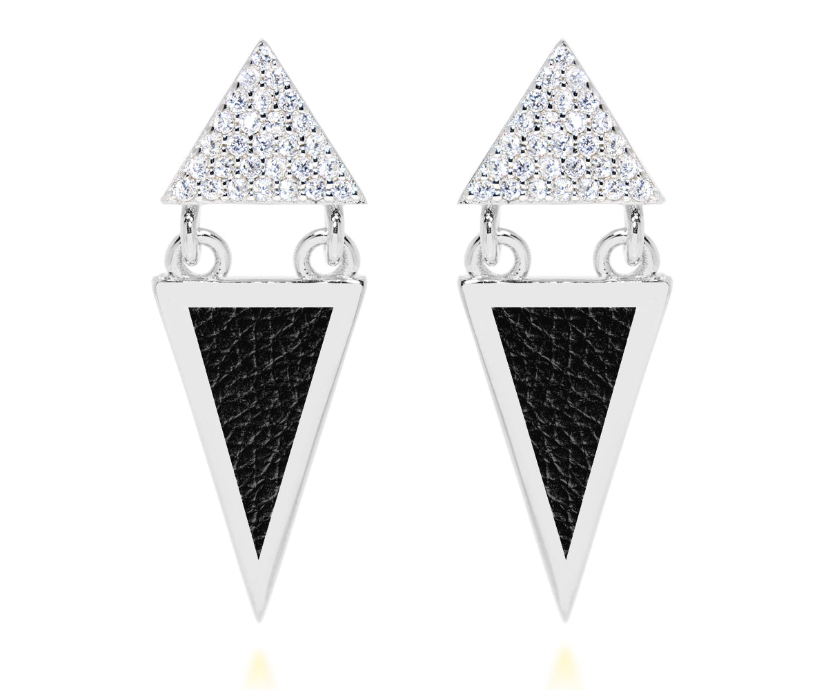 triangle double drop pave crystal and black leather inlay silver earrings