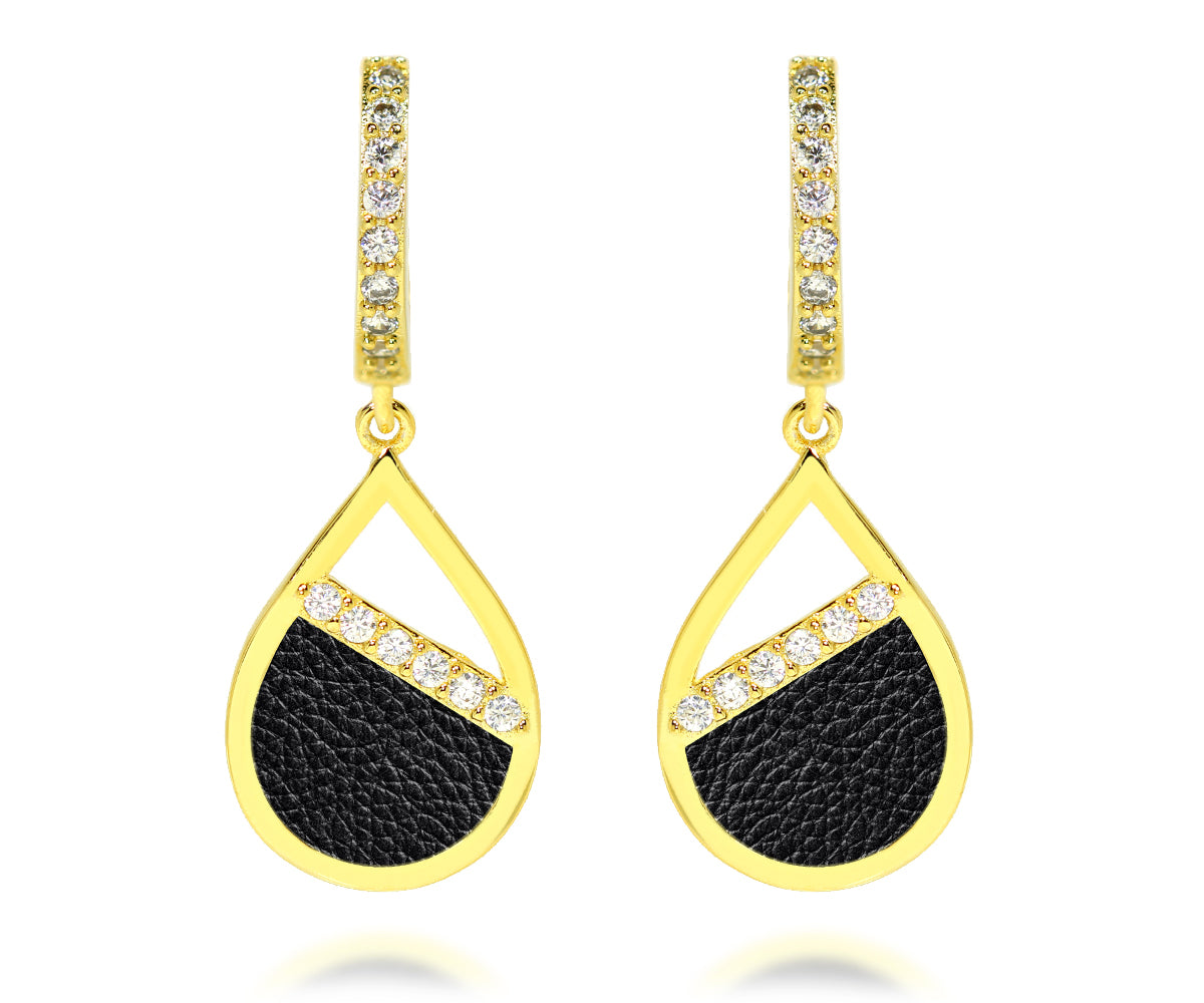 small teardrop leather inlay pave crystal gold earrings