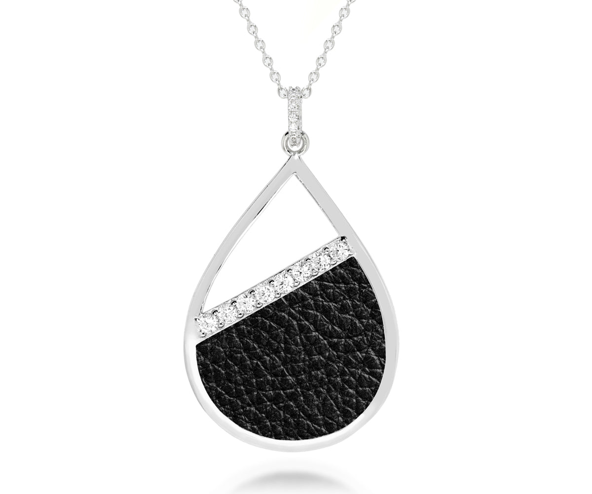 teardrop pave crystal black leather inlay sterling silver fashion womens necklace